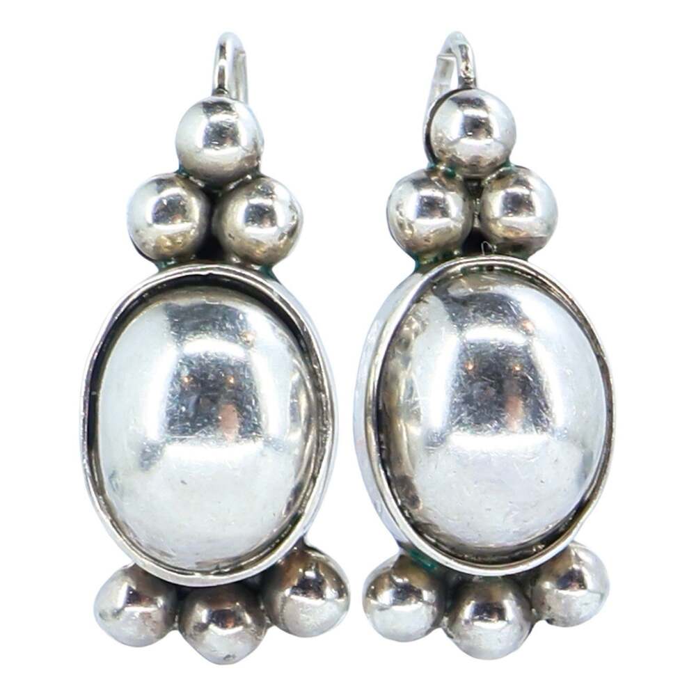 Vintage Heavy Mexico 925 Sterling Oval Dome Ball Beaded Earrings 9.1g, 1 1/8 In